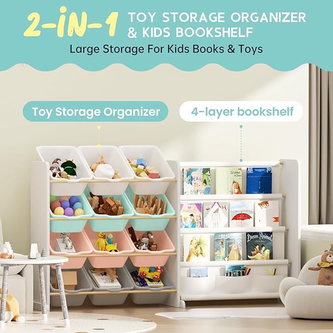 Kids Toy Storage Organizer - Toy Organizer with Kids Bookshelf, Toy Storage with 12 Toy Multi-color Bins and 4 Book Shelves, Toy Organizers and Storage for Playroom, Nursery, Kids Room, White