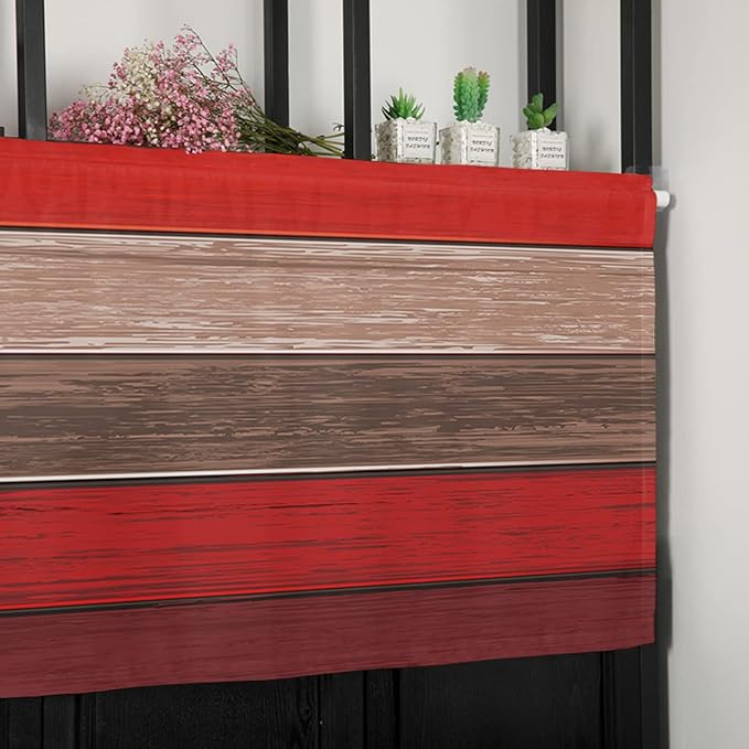 Farmhouse Kitchen Curtains Valances for Windows , Christmas Red Brown Rod Pocket Country Window Treatment for Kitchen /Living Room/Bedroom/ Bathroom,60" X 18" -1 Panel, Retro Rustic Barn Wood Texture
