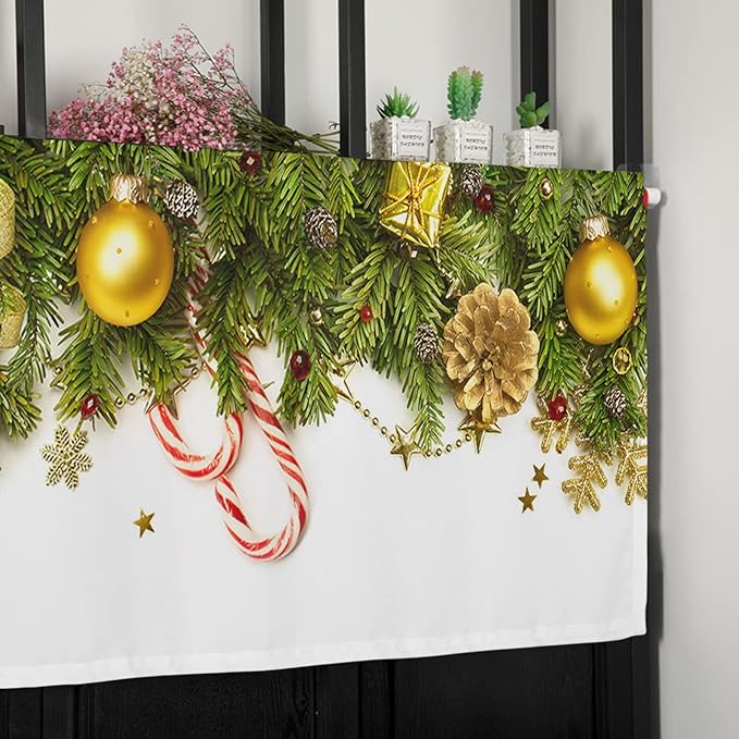 Christmas Kitchen Curtains Valances for Windows Pine Cones Rod Pocket Window Treatment for Kitchen/Living Room/Bedroom/Bathroom,42" X 18" -1 Panel, Golden Ornament Balls