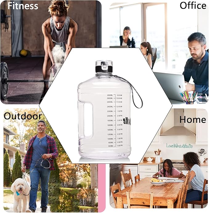 Gallon Big Water Bottle with Handle, 128oz Leakproof BPA Free Fitness Sports Water Bottle with Motivational Time Marker & Wide Mouth Ensure You Drink More Water