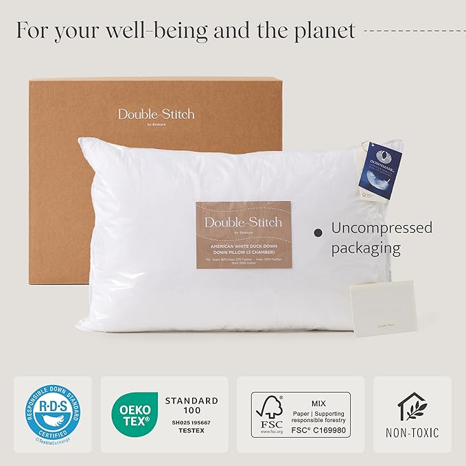 Double Stitch Luxury US White Down Pillow - Made in Canada, 400 Thread Count 100% Cotton Shell, Soft 700 Fill Power Down Bed Pillow, Soft Sleeping Pillow 3-Chamber, King(20" x 36")