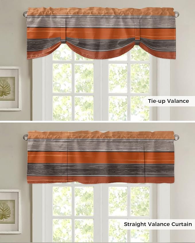 Farmhouse Thanksgiving Fall Blackout Tie Up Valance Curtains for Kitchen Windows Burnt Orange Gray Window Toppers Balloon Shades for Living Room/Bathroom/Bedroom,1 Panel,42" X 12" Rustic Wood Texture