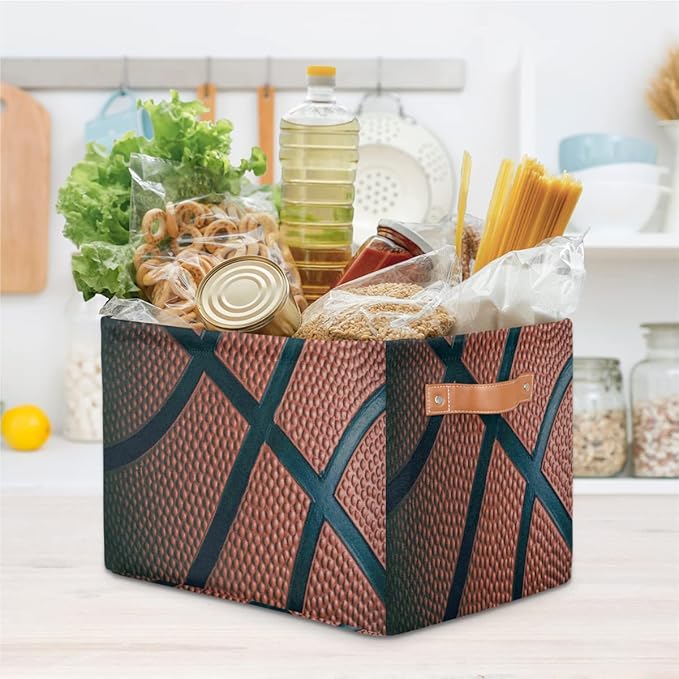 Basketball Storage Basket Collapsible Rectangular Storage Bin Large Fabric Storage Boxes Organizer 1Pc with Leather Handles for Clothes Toys Books Kitchen Laundry