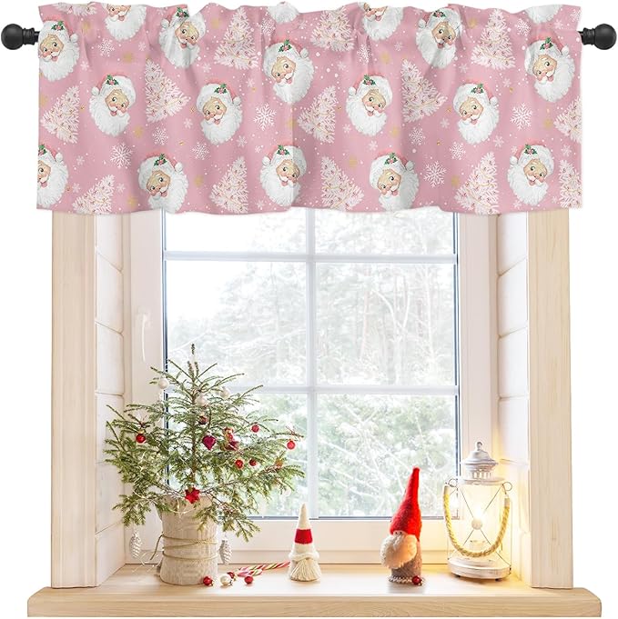Pink Christmas Valance Curtains for Kitchen Windows Santa Claus Merry Christmas Tree Rod Pocket Window Treatment Toppers for Kitchen/Living Room/Bedroom/Bathroom, 60" X 18", Winter Snowflake