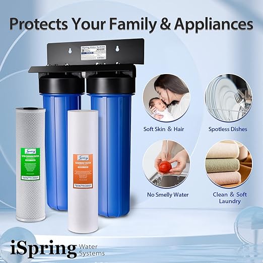 iSpring WGB22B 2-Stage Whole House Water Filtration System with 20” x 4.5” Fine Sediment and Carbon Block Filters, Removes 99% of Chlorine
