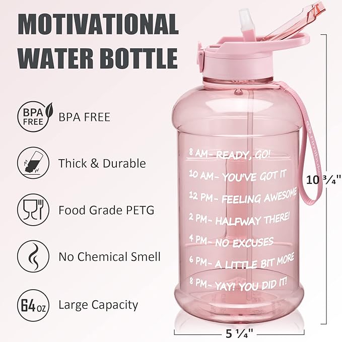 Fimibuke Half Gallon Water Bottle with Sleeve 64 OZ Water Bottle with Handle & Straw Leakproof Motivational Sports Gym Water Bottle with Time Marker BPA Free Water Jug with Reusable Neoprene Holder