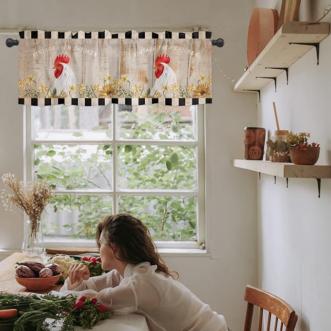Farmhouse Kitchen Curtains Valances for Windows Sunflower Vintage Farm Chicken Rod Pocket Window Treatment for Kitchen/Living Room/Bedroom/Bathroom,42" X 12" -1 Panel, Black White Plaid