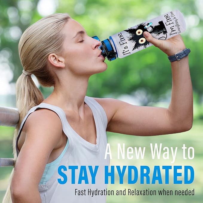 Cat Gifts, Black Cat Water Bottle 32 oz with Time Marker, It's Fine I'm Fine Cat Bottle, Cat Gifts for Cat Lovers, Crazy Cat Gifts, Gifts for Halloween