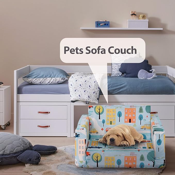 Tiita Kids Couch Fold Out, Toddler Sofa Bed Chairs, 2-in-1 Kids Couch Plush Chair, Folding Children Sofas to Lounger, Toddler Comfy Armrest Chair Bed Sofa for Girl or Boy, Car