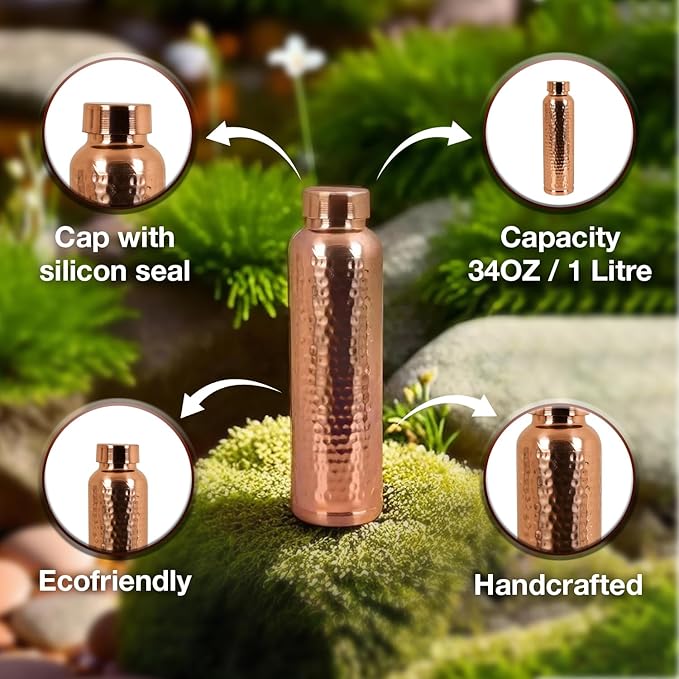 Copper Water Bottle - 34 Oz Extra Large - A Ayurvedic Pure Plain Copper Bottle For Drinking - Drink More Water, Lower Your Sugar Intake And Enjoy The Health Benefits