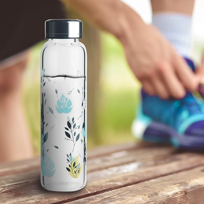 Borosilicate Glass Water Bottle, Sports Glass Drinking Bottle with Neoprene Sleeve and Stainless Steel Lid 16oz / 32oz