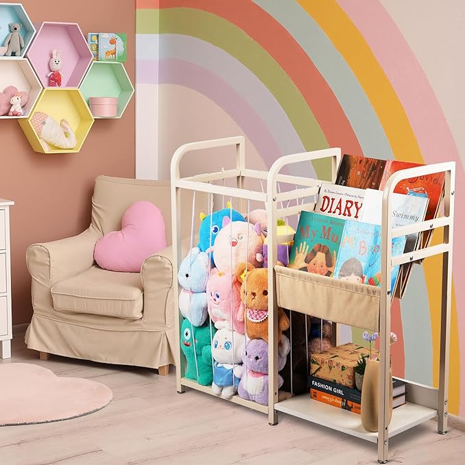 Trycooling Stuffed Animal Storage with Kids Bookshelf Book and Toy Organizer for Kids 3-Tier Bookshelf Organize Books with Elastic Cord Stuffed Animal Holder for Plushie Toys, for Kids Room, Playroom