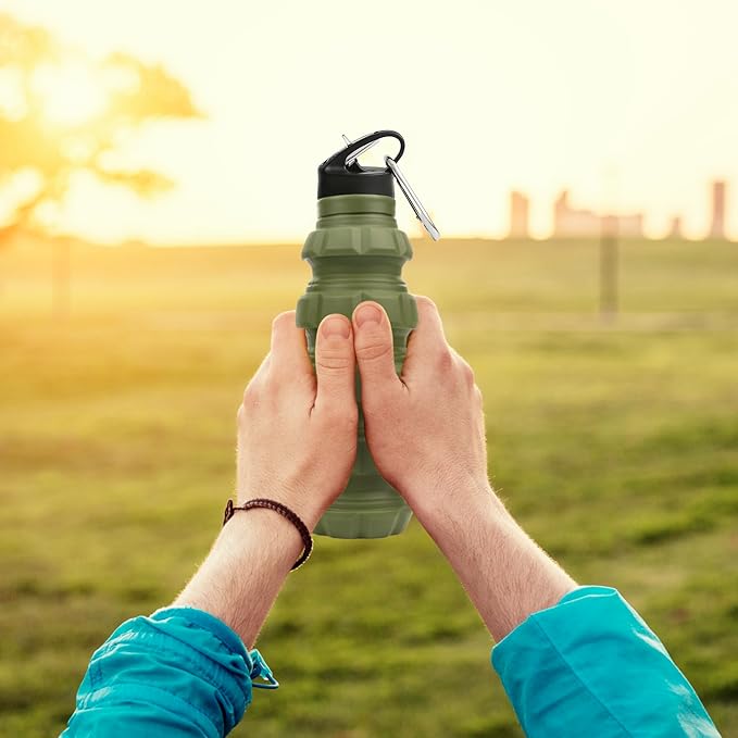 Collapsible Water Bottle 19.6 oz Leak Proof - 2 Lids, Carabiner, Gift Box - Reusable Silicone Water Bottle Men for Dad Birthday Gift - Foldable Travel Water Bottle for Gym & Sport - Green Accessories