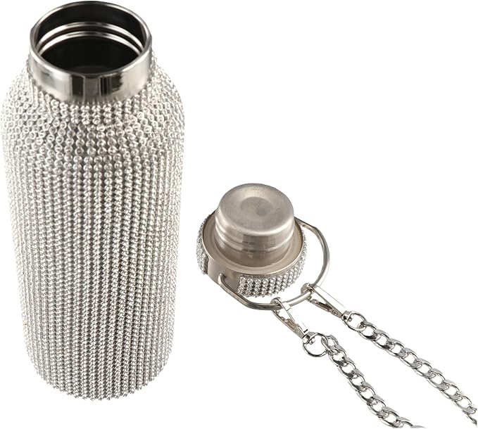 Bling Water Bottle Rhinestone Diamond Water Bottle Stainless Steel Glitter Insulated Bottle Vacuum Flask Refillable Insulated Glitter Bottle with Chain for Women Girls