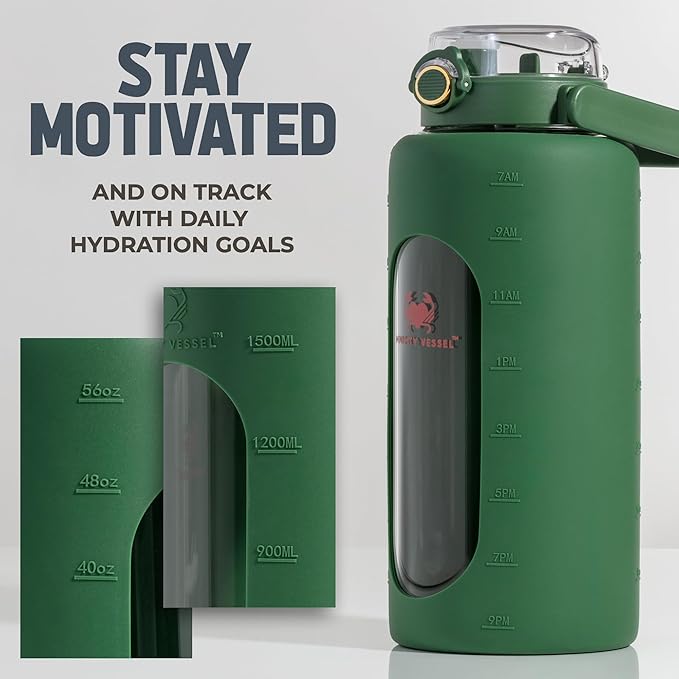 64oz Glass Water Bottle | Green Water Bottle with Straw & Time Marker | Half Gallon Water Bottle with Measurements & Silicone Sleeve | Suitable for Travel, Gym, Sports & Daily Intake