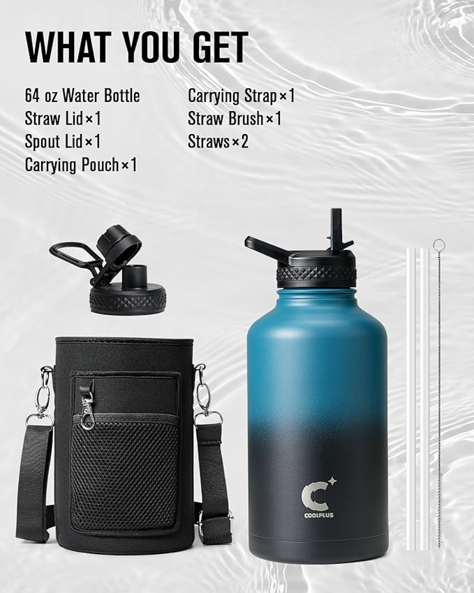 Coolplus 64 oz Water Bottle With Straw Spout Lid, Insulated Half Gallon Water Jug Stainless Steel Double-Walled Vacuum Metal Large Flask With Carry Sleeve, Keep Cold 48 Hrs Hot 24hrs, Blue Black