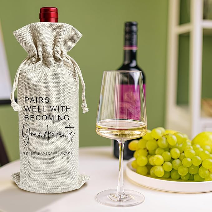 Pairs Well with Becoming Grandparents - Gifts for New Grandpa Grandma Wine Bags, 1 PC Reusable Drawstring Burlap Wine Bottle Bags, Baby Announcement Gifts for Mom Dad, Wine Accessories -10