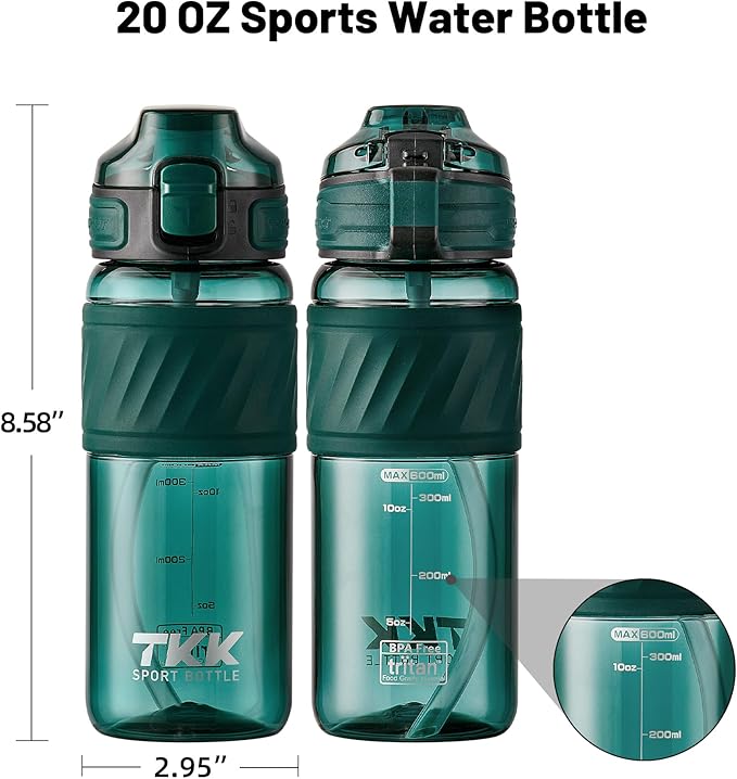 TKK 20oz Sports Water Bottles with Removable Straw Durable BPA Free Tritan Bottles Leak-Proof Water Bottles for School, Fitness, Gym, Outdoor, Green