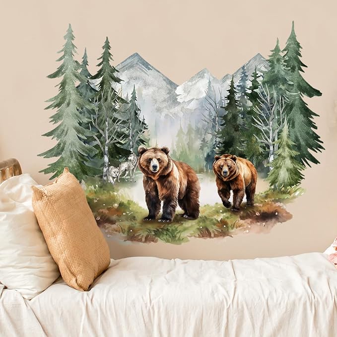 Vibrant Watercolor Bear Forest Wall Decals - Set of 2 Large Sheets (30x90cm) - Perfect for Nursery, Kids Room Decor - Easy Peel & Stick Removable Art
