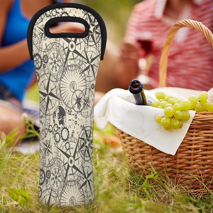 Compass Old Signs Single Bottle Wine Gift Tote Carrier Neoprene Wine Tote Bags Holder Cooler Wine Lover Gift
