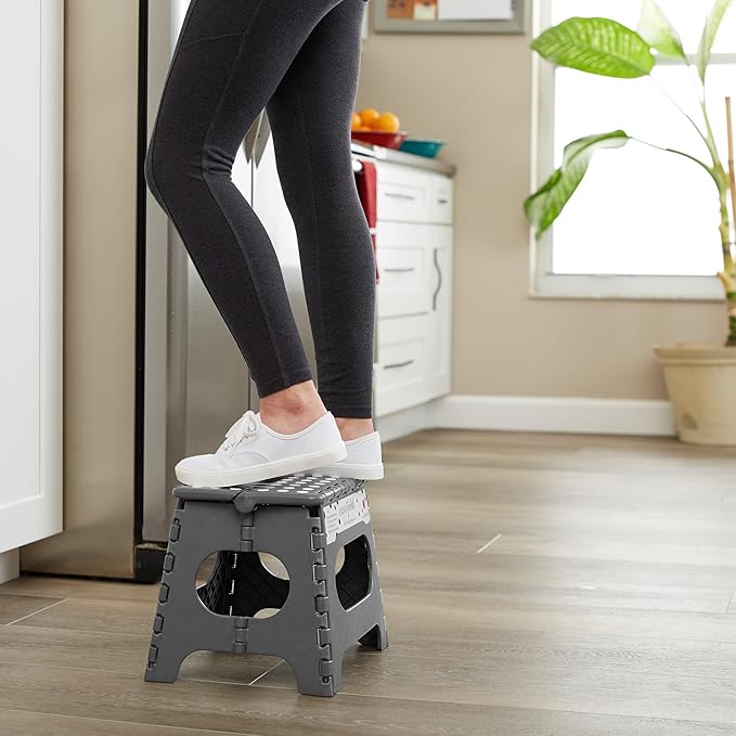 Casafield 11" Folding Step Stool with Handle, Gray - Portable Collapsible Small Plastic Foot Stool for Kids and Adults - Use in The Kitchen, Bathroom and Bedroom