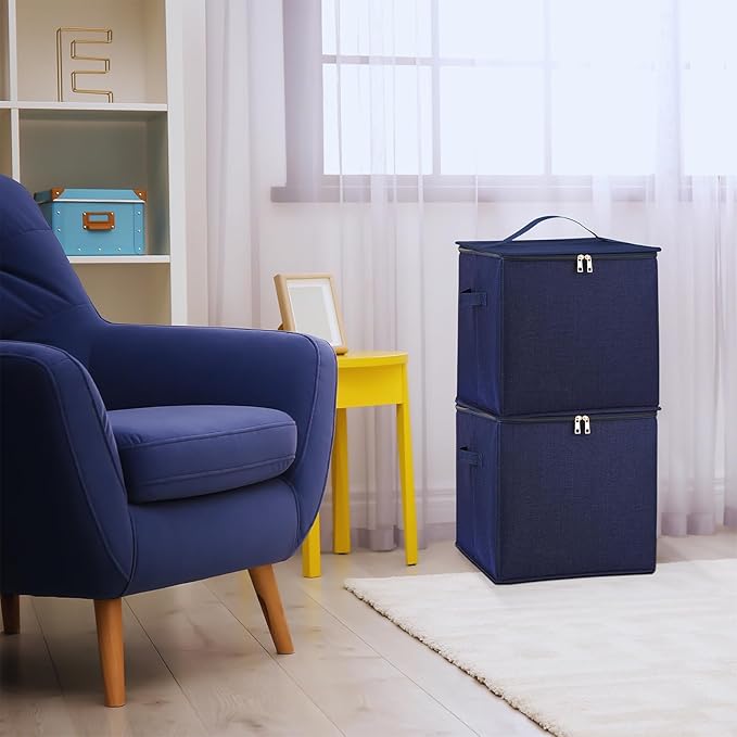 Toy Storage Basket and Play Mat for Kids, Foldable and Stackable Toy Storage Organizer for Building Bricks & Blocks, Toy Box Bin for Boys, Girls, Nursery, Playroom, 13"x13"x13" (Navy Blue)