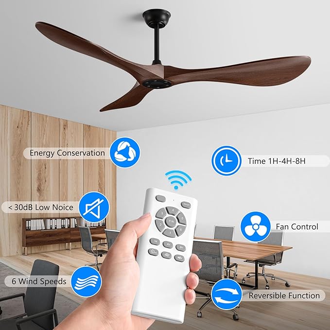 Ceiling Fan with Remote,52 Inch Wood Color Ceiling Fan no light for Indoor/Outdoor,6 Speed Noiseless Reversible DC Motor,Modern Ceiling Fan with Timer for Kitchen, Living Room Farmhouse Patios