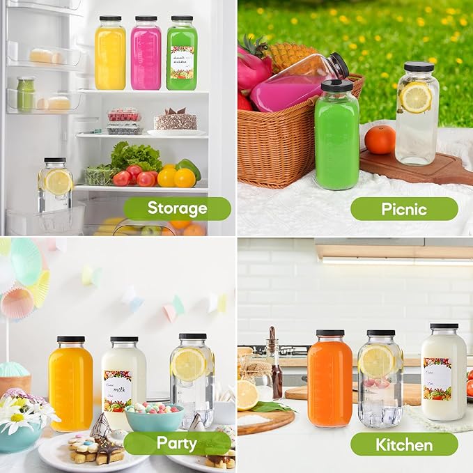 32oz Glass Juice Bottles with Lids 2Pack,Reusable Square Glass Milk Bottle with Lid,Clear Empty Glass for Beverages, Jams, Kombucha, Milkshakes,Oils(32fl.oz,Set of 2)