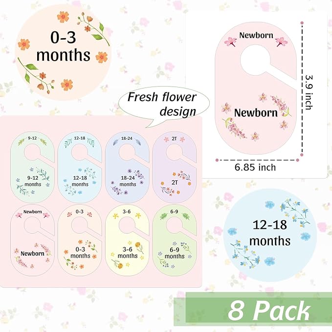 8 Pack Baby Closet Dividers Watercolor Plants Clothing Organizer Double-Sided Colorful Hanger for Newborn to 24 Months