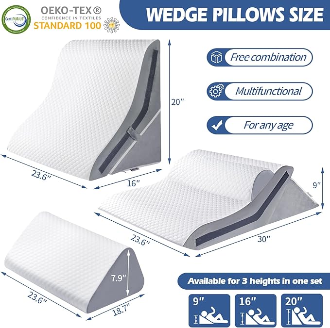 4Pcs Orthopedic Bed Wedge Pillow Set with 4Pcs Replacement Pillowcase, Incline Wedge Pillow for Back Pain Relief/Sleeping/Snoring/Post Surgery/Leg Elevation 20-in-1 Adjustable Memory Foam Wedge Pillow