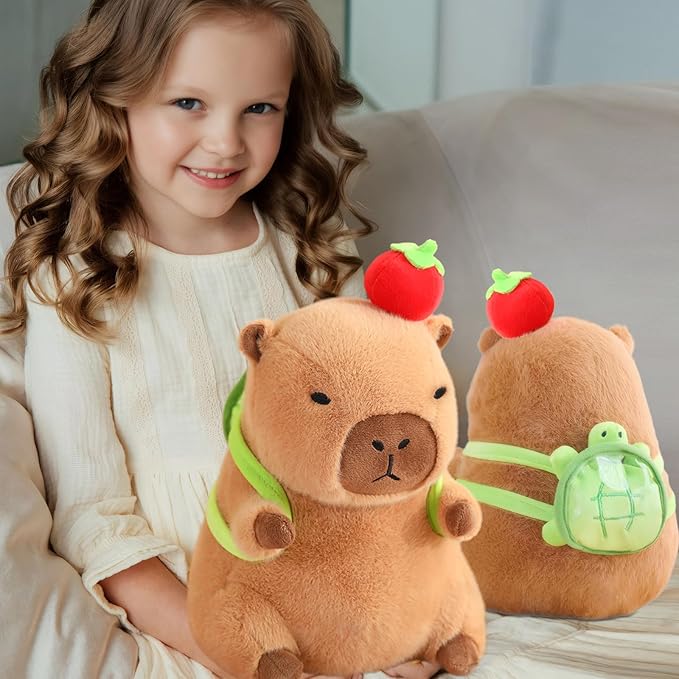 Cute Capybara Plush with Turtle Backpack Kawaii Capybara Stuffed Animal with Apple Capybara Plushies Soft Capybara Pillow Toy Birthday for Kids Boys Girls 12 inch