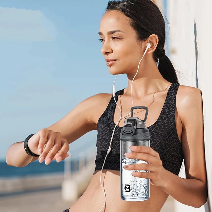 Clear Water Bottle, Reusable Sports Water Bottle Tritan with Leak-Proof Flip Top Lid and Carry Handle for Travel, Gym, Office, Outdoor (White, 16 Oz)