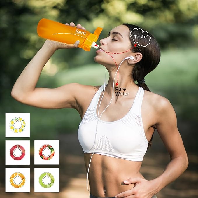 Water Bottle 650 ml scent water bottle with 5 flavor pods,Leak proof and BPA-free sports air water bottle with straw,suitable for outdoor sports 0 sugar 0 calorie Ideal gift orange