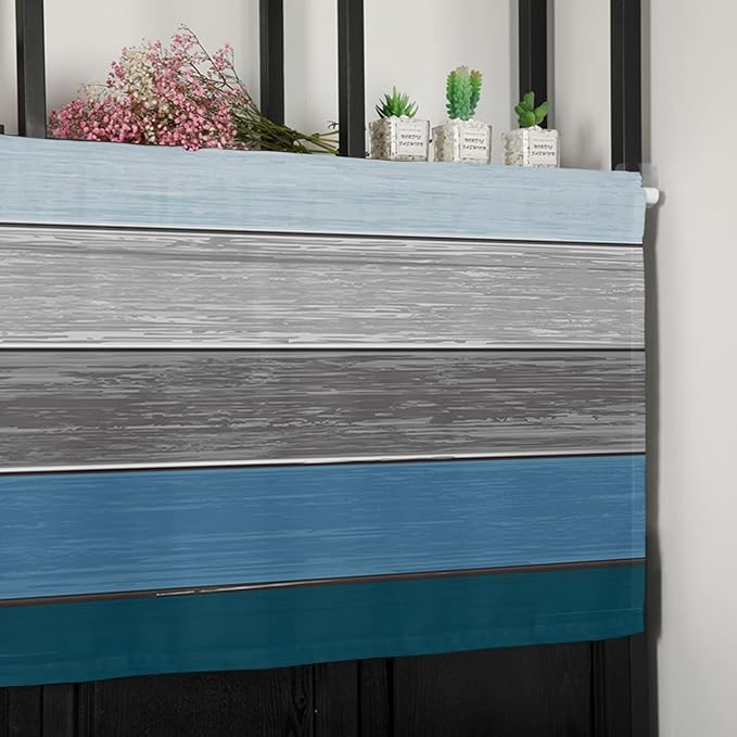 Farmhouse Kitchen Curtains Valances for Windows ,Blue Gray Ocean Hues Rod Pocket Country Window Treatment for Kitchen /Living Room/Bedroom/ Bathroom,42" X 18" -1 Panel, Retro Rustic Barn Wood Texture