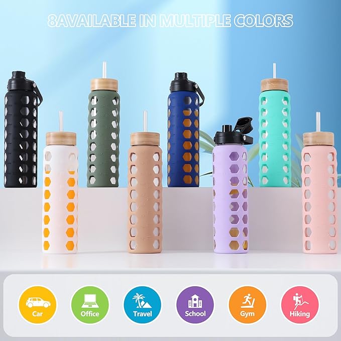 MUKOKO Glass Water Bottles, 32oz Glass Tumbler with Straw, Drinking Bottles with 2 Lids-Handle Spout Lid&Bamboo Straw Lid, Motivational Water Bottle with Time Marker and Silicone Sleeve, 1 Pack-Green