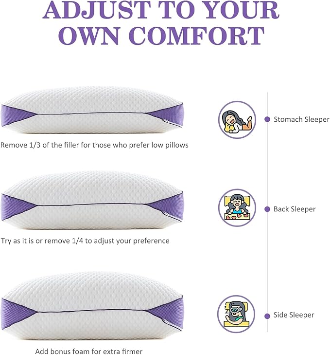 HOMELAB Adjustable Shredded Memory Foam Pillows Queen Size, Cooling Bed Pillows for Sleeping with Removable Cover, Medium Pillows for Side Stomach & Back Sleepers, 2 Packs 20"x28"