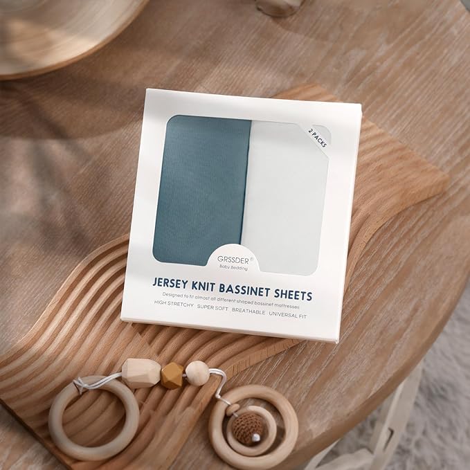 GRSSDER Stretchy Ultra Soft Fitted Bassinet Sheet 2 Pack, Universal Fit for Bassinets Baby Cradle Moses Basket Oval Rectangle Mattress Safe and Snug, Jersey Bassinet Sheets for Girls, Navy/White