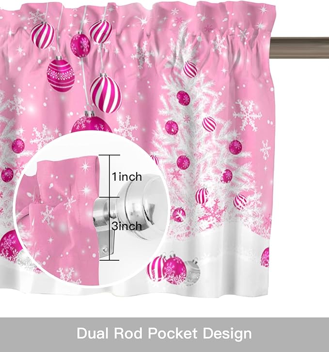 Pink Christmas Valance Curtains for Kitchen Windows White Xmas Tree Snowflakes Pink Balls Rod Pocket Window Treatment Toppers for Kitchen/Living Room/Bedroom/Bathroom, 42" X 18", Winter