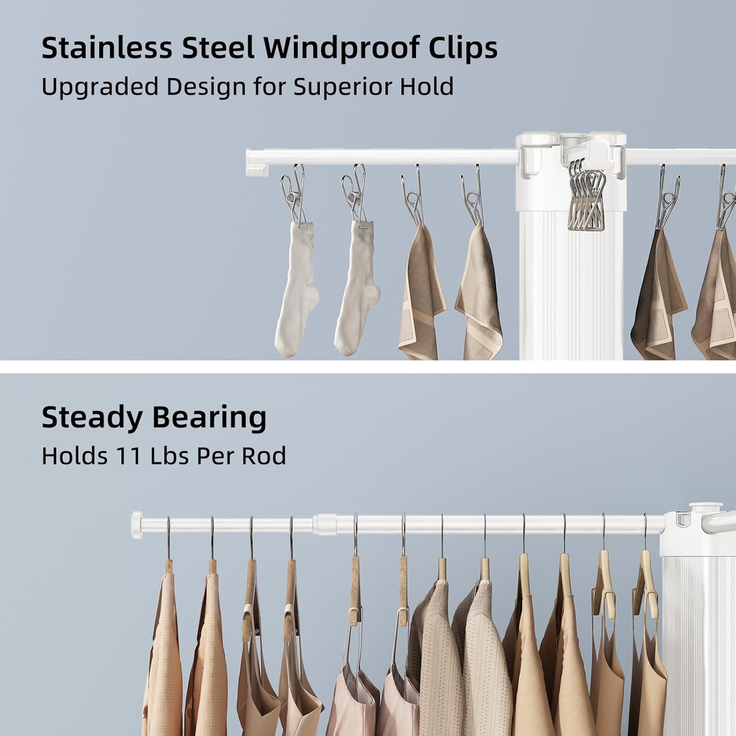 BIREN Clothes Drying Rack Foldable Extending Laundry Rack with 16 Clips Collapsible Clothing Rack Space-Saving Clothing Racks for Hanging Clothes, Indoor, Camping, Balcony, Outdoor