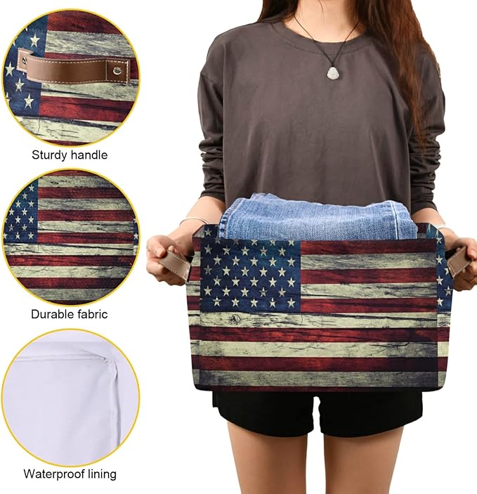 Retro American Flag Storage Basket Collapsible Storage Box with Leather Handles Rectangular Laundry Organizer 1 PC for Bathroom Clothes Kids Toys Nursery