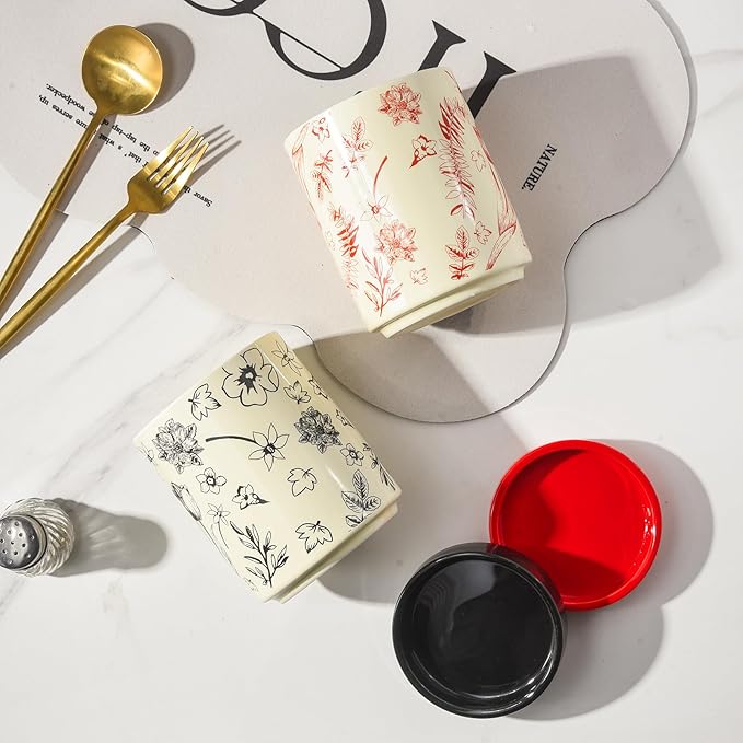 Small Utensil Holder for Kitchen Counter H5.9 x W4.1”, Ceramic Floral Cooking Utensil Crocks Countertop Organizer with Flowers