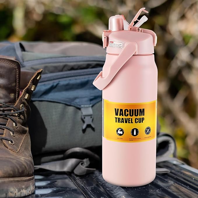 ColorSub 50oz Insulated Water Bottle With 2-in-1 Straw and Chug Leakproof Lid, BPA Free Stainless Steel Wide Mouth Sports Water Cup Flask Pink