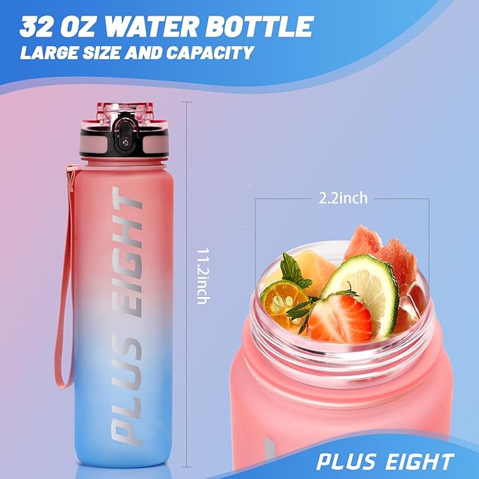 Sports Water Bottle, 32 oz Motivational Water Bottles with Time Marker to Drink, Leak-Proof Tritan BPA-Free with Carrying Strap for Women Men Gym Fitness Outdoor (Pink Blue)
