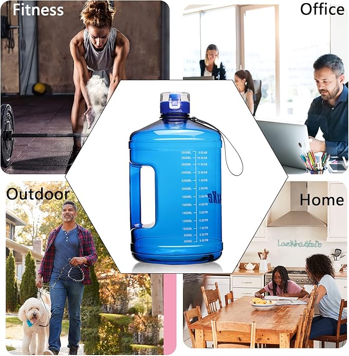 Gallon Big Water Bottle with Handle, 128oz Leakproof BPA Free Fitness Sports Water Bottle with Motivational Time Marker & Wide Mouth Ensure You Drink More Water