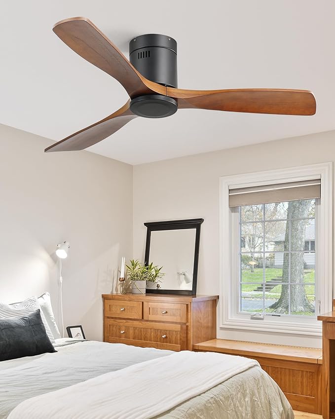CACI Mall 52 Inch Flush Mount Wood Ceiling Fan without Light,Low Profile,Modern,6 Speed,3 Blades Timer,Remote Control,Quiet Reversible DC Motor for Berdrooms, Livingroom, Patios