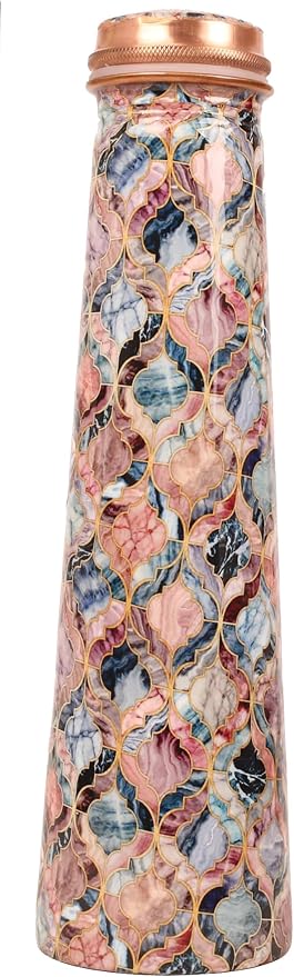 Pure Copper Water Bottle - Handcrafted - Ayurveda Health Benefits -Mosaic Colorful Printed Tower Shape 35 OZ - Leak proof - Easy to carry For Sports, Fitness, Yoga, School - Vintage Enamel.
