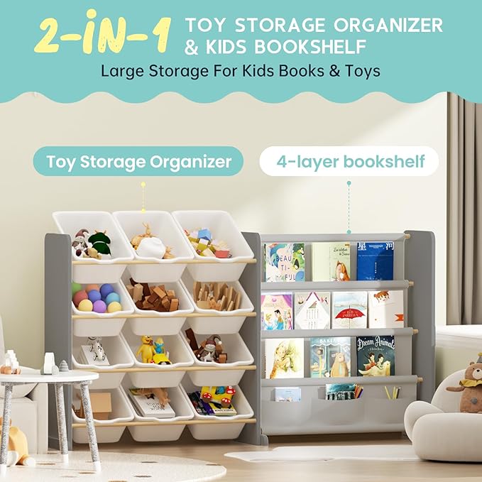 Kids Toy Storage Organizer - Toy Organizer with Kids Bookshelf, Toy Storage with 12 Toy White Bins and 4 Book Shelves, Toy Organizers and Storage for Playroom, Nursery, Kids Room, Grey