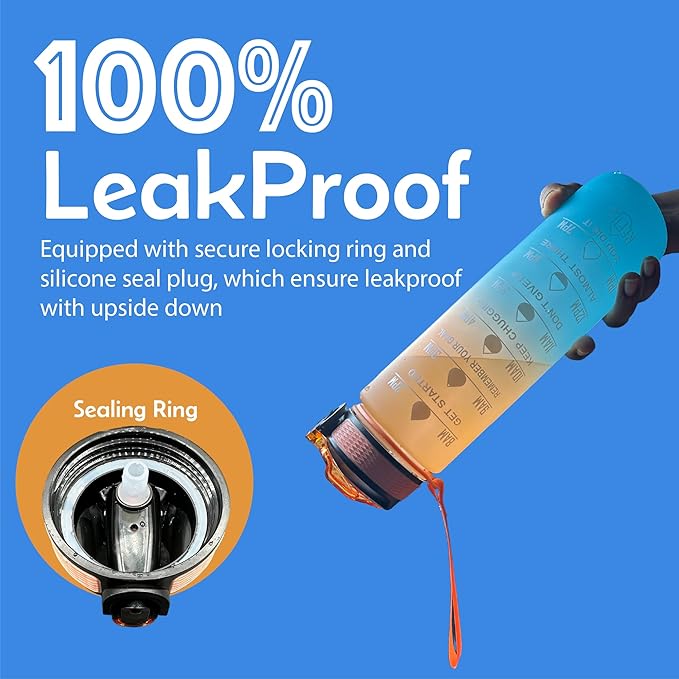 Yaa Fresh Water Bottles, 32oz Motivational Sports Water Bottle with Time Marker - Times to Drink - Tritan, BPA Free, Wide Mouth Leakproof, Fast Flow Technology with Clean Brush (1 Pack) (Blue-Orange)