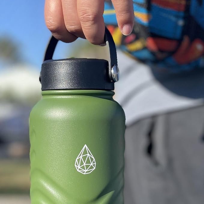 32 oz Insulated Water Bottle - Black Water Bottles with Straw (Spout Lid & Screw Top) & Silicone Boot & Flex Handle - Wide Mouth Stainless Steel Water Bottles - BPA Free - (Black, 1000ml)