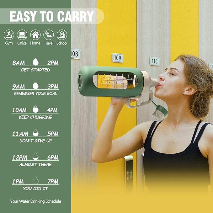 MUKOKO 64oz Glass Water Bottles with Straw, Half Gallon Water Bottle with Time Marker, Motivational Water Bottle with Silicone Sleeves,Large Glass Water Bottle for Gym,Working,Outdoor,Olive